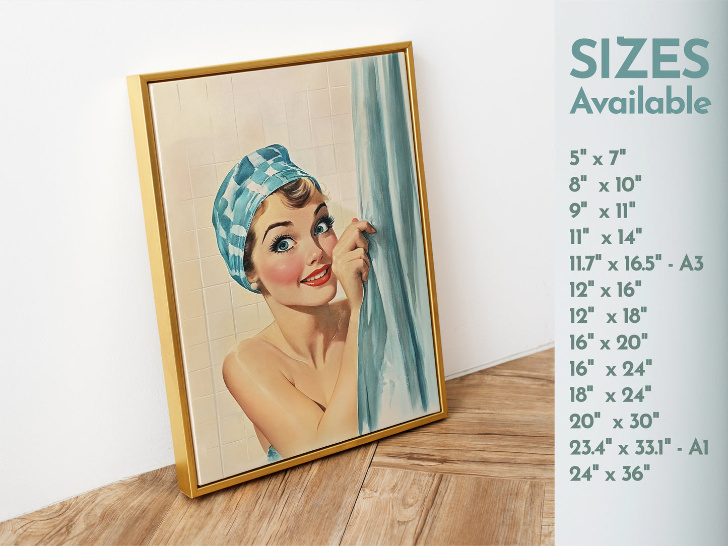 Funny Shower Room Wall Print Blue Toilet Poster Funny Bathroom Poster Bathroom Wall Art 50s 60s Bath Time Print Retro Housewife in a shower cap taking a shower and hiding behind a curtain