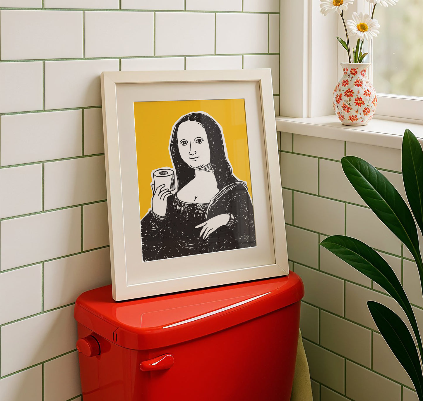 Hand drawn Mona Lisa classic art parody holding a toilet paper roll, yellow and black funny bathroom wall art print for powder room or guest bathroom decor.
