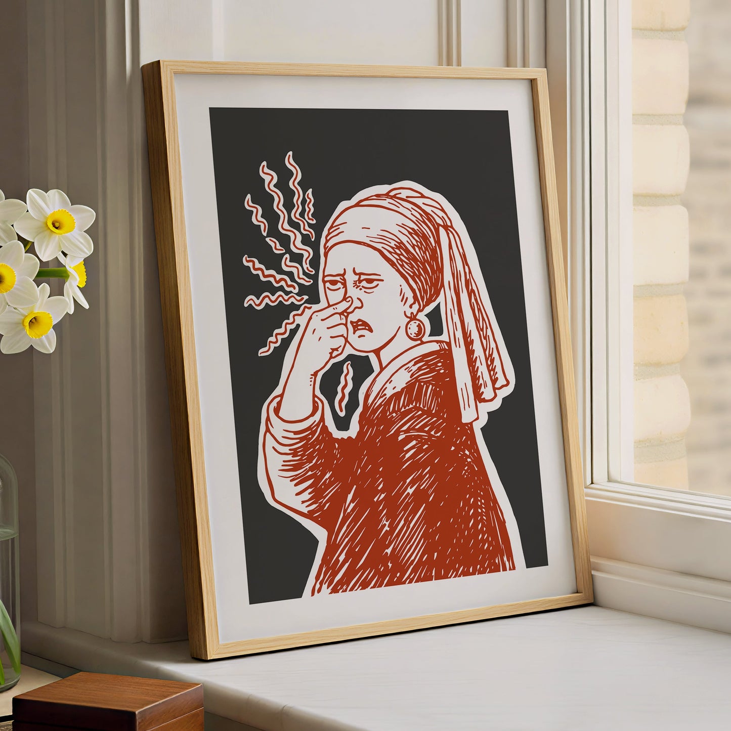 Hand drawn Girl with a Pearl classic art parody poster of a woman pinching her nose with stink lines, funny bathroom art for restroom wall art and powder room decor.