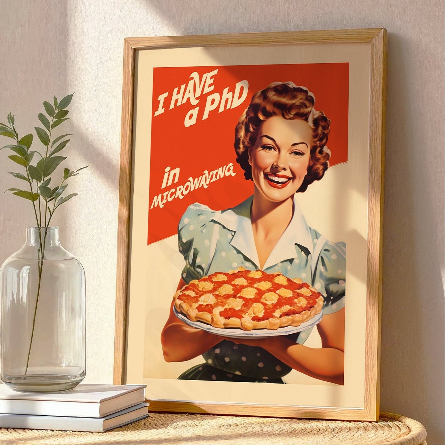Retro housewife holding a pie with the quote “I Have a PhD in Microwaving,” vintage diner style funny kitchen wall art poster for mid century kitchen decor.
