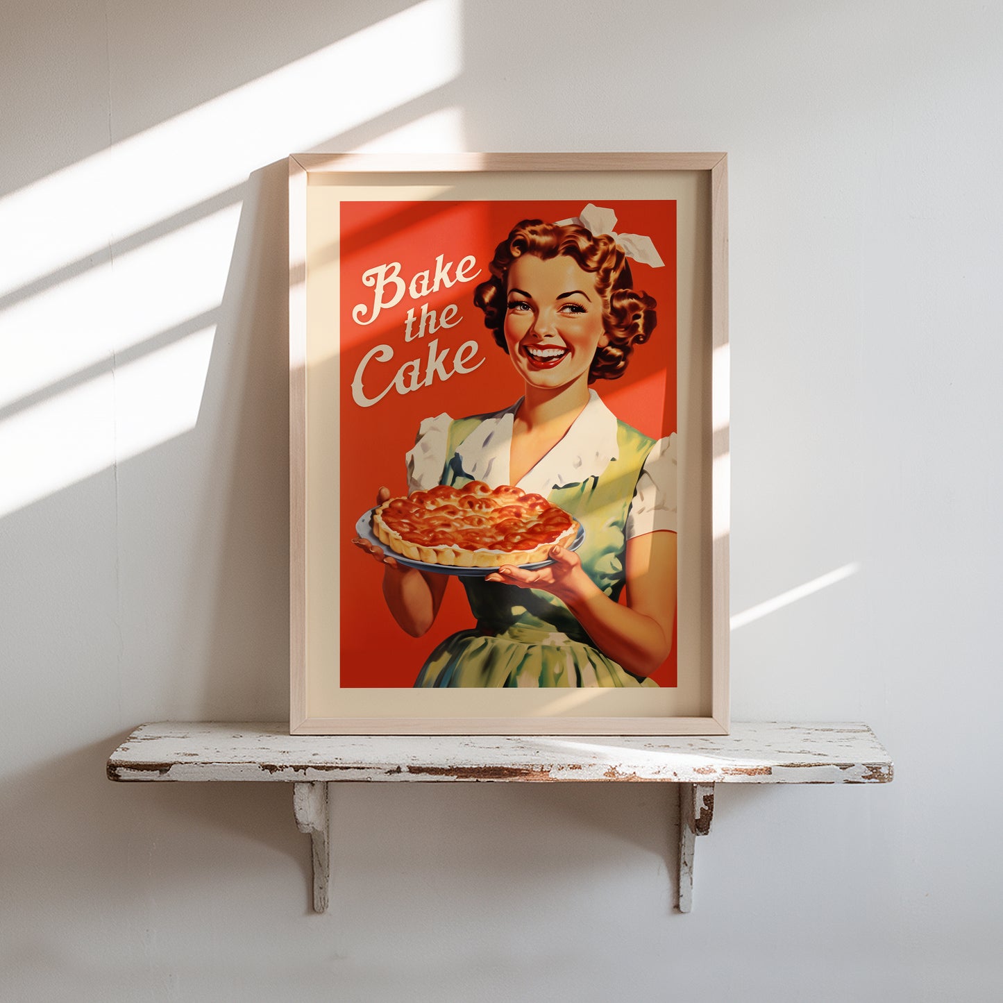 1950s style woman holding a pie with the text “Bake the Cake,” retro baking art poster for breakfast nook and family kitchen decor.