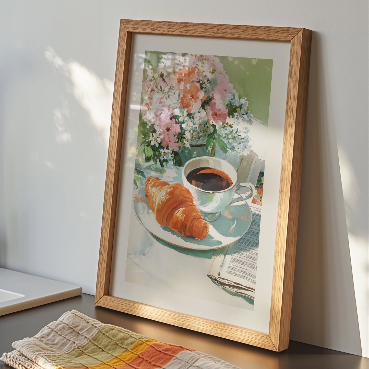 Aesthetic illustration of a sunny breakfast scene with a cup of coffee on a newspaper, a fresh flaky croissant, and a vase of pink and yellow flowers.