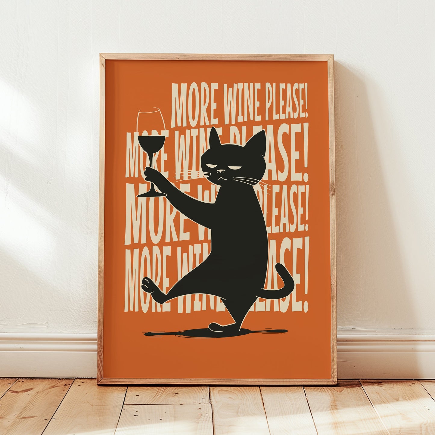 Illustration of a sassy black cat holding a wine glass with "More Wine Please" repeating text on an orange background, mid-century modern style.