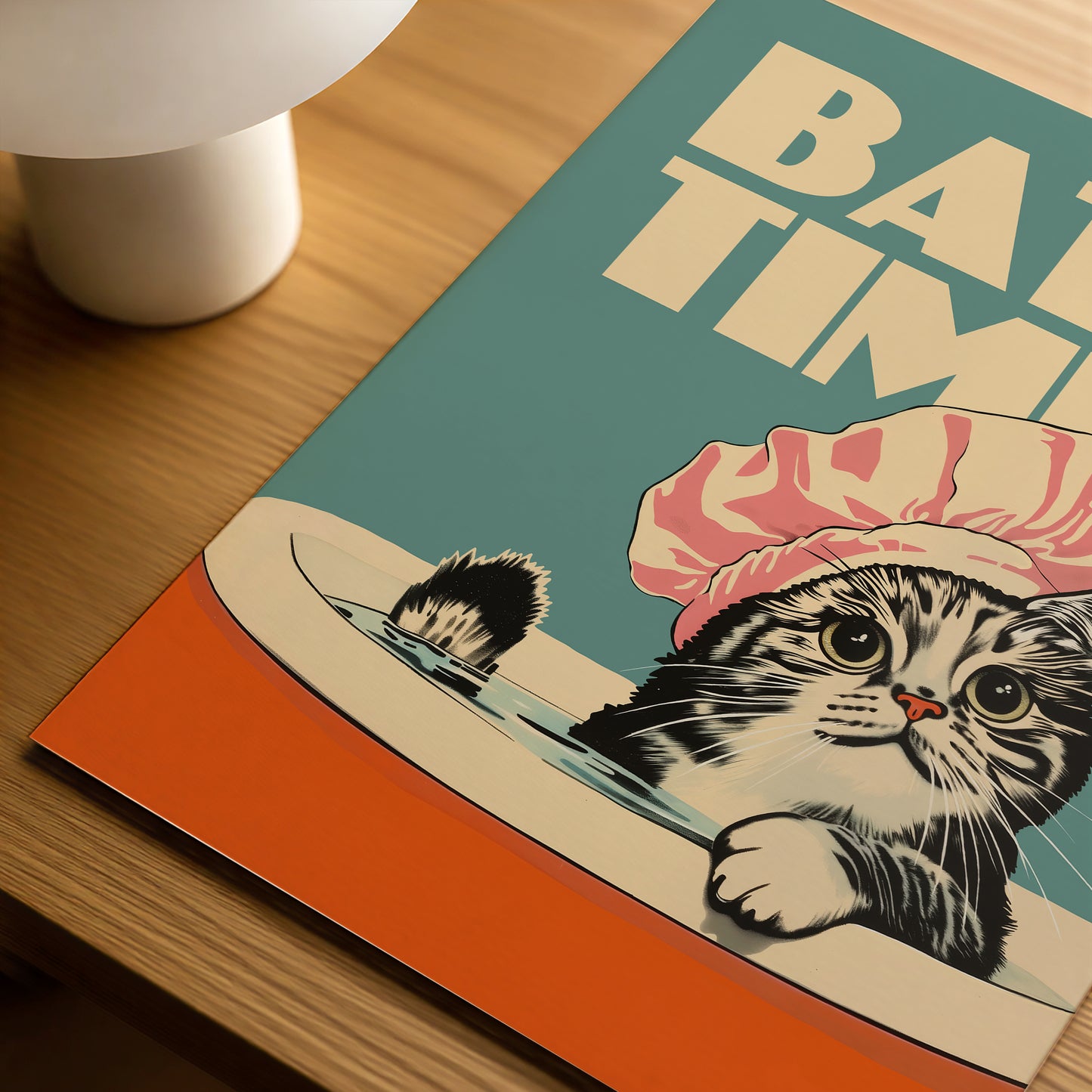 Funny cat bathroom poster titled 'Bath Time'. This vintage-style animal art print shows a cute tabby cat in a pink shower cap, ideal for laundry room or utility room wall decor.
