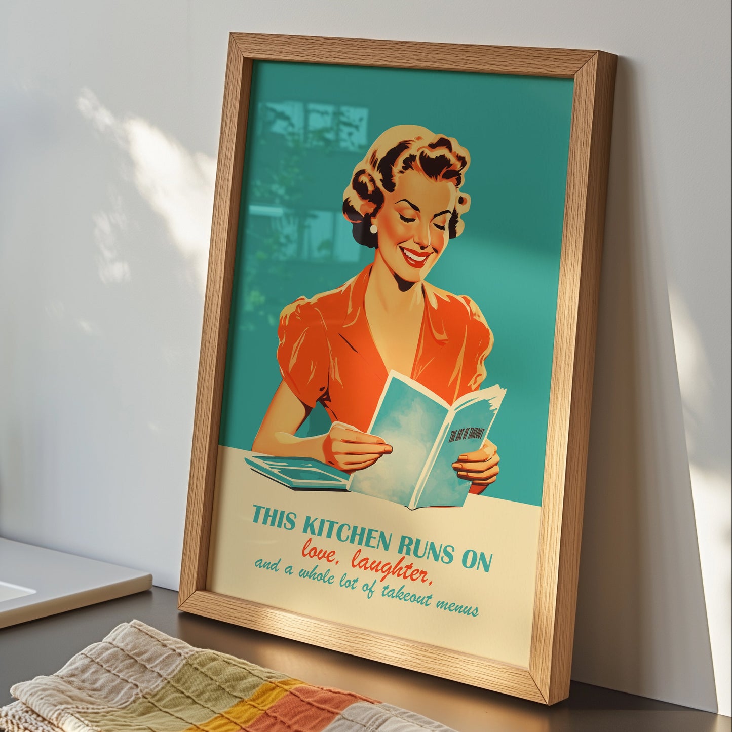 A 1950s-style vintage illustration of a smiling woman in a red dress reading a book. The background is a vibrant teal. Below her is the text: "THIS KITCHEN RUNS ON love, laughter, and a whole lot of takeout menus" in a mix of bold and script typography.
