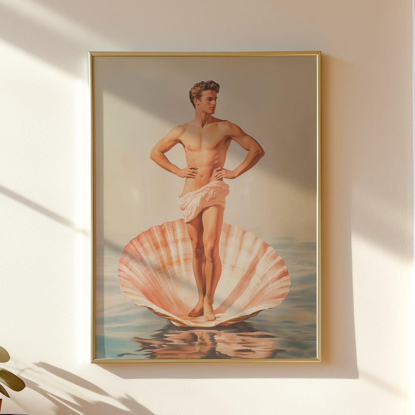Retro 'Male Birth of Venus' poster featuring a muscular male figure in a classical pose on a large seashell at sea, vintage mid-century modern style art print.