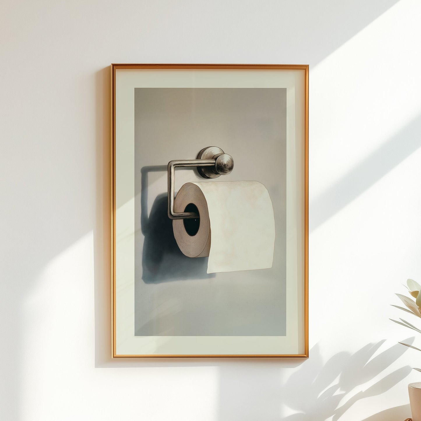 Minimalist still life poster of a single white toilet paper roll on a silver holder with dramatic shadows, funny modern bathroom wall art matte print.