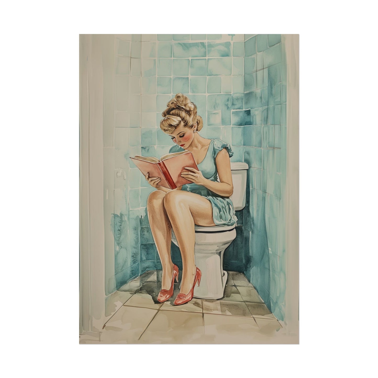 Funny Housewife Reading on a Toilet Poster Funny Toilet Poster Bathroom Wall Art Pooping Art Print Restroom Wall Art Guest Bathroom Decor Above Toilet Poster Large Vintage Bathroom Poster Watercolor