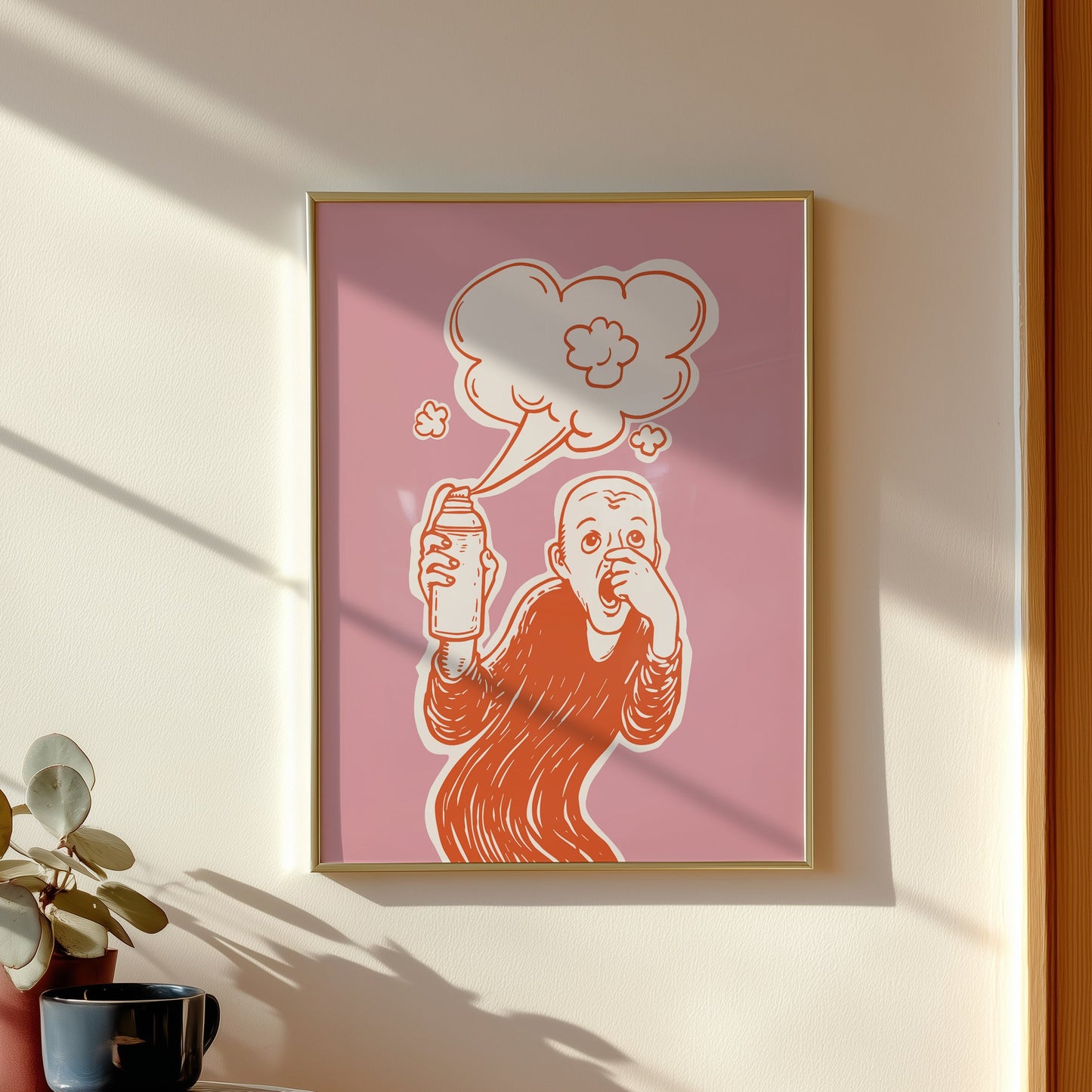 Parody of The Scream artwork showing a figure holding toilet spray with pink background, humorous loo art poster or funny toilet poster, funny bathroom art.