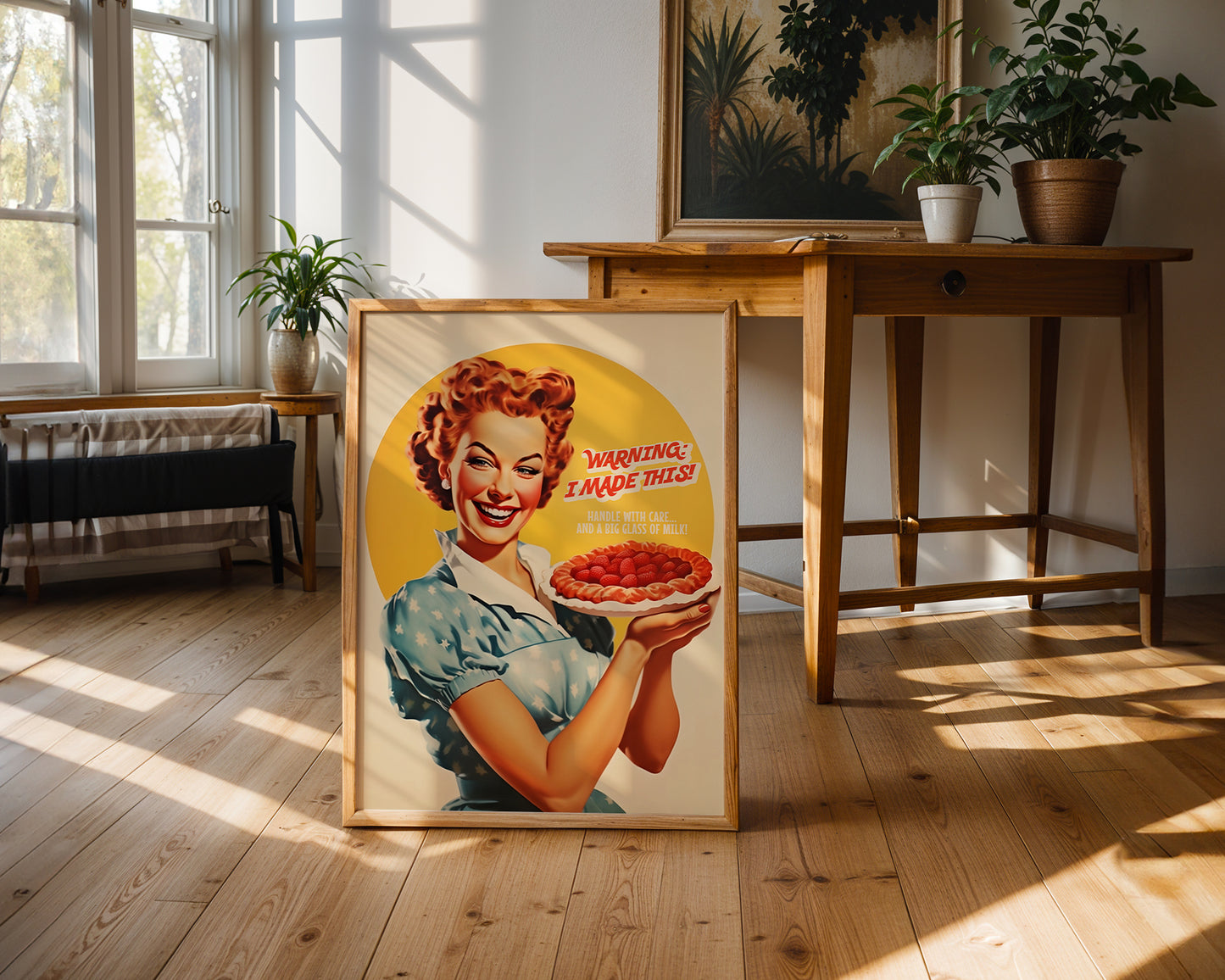 Funny Kitchen Poster Retro Baker Print Happy Housewife with Pie 50s 60s style Cafe Decor Cake Art Hostess Gift Retro Baking Poster Kitchen Nook Decor