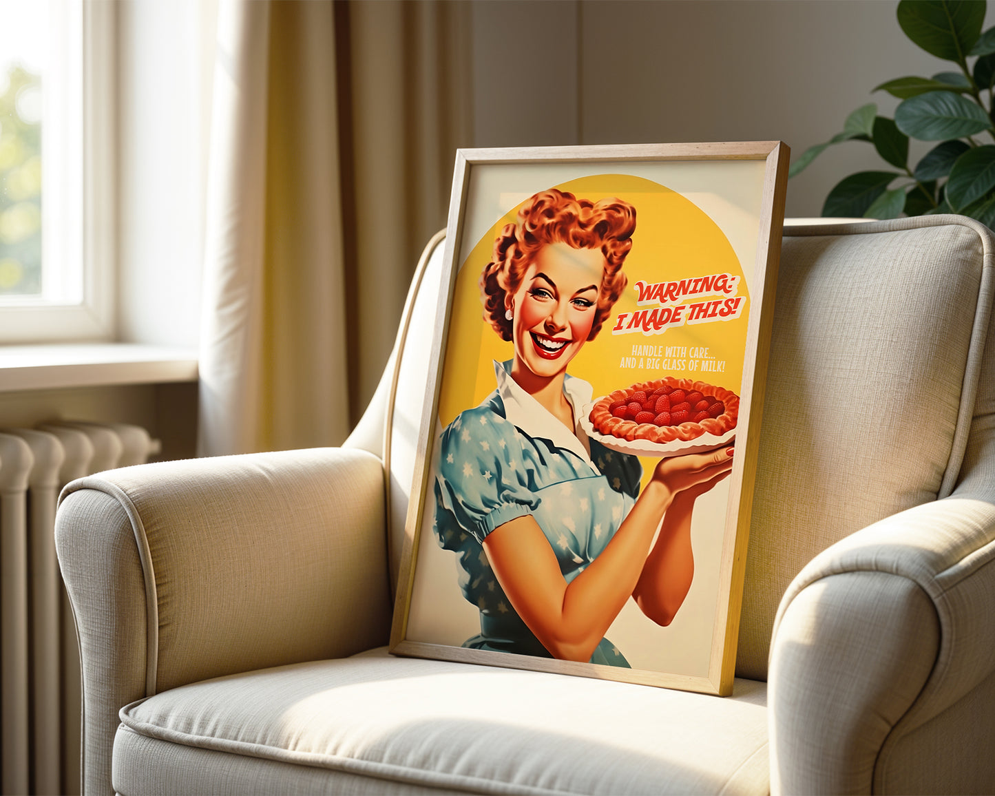 Funny Kitchen Poster Retro Baker Print Happy Housewife with Pie 50s 60s style Cafe Decor Cake Art Hostess Gift Retro Baking Poster Kitchen Nook Decor