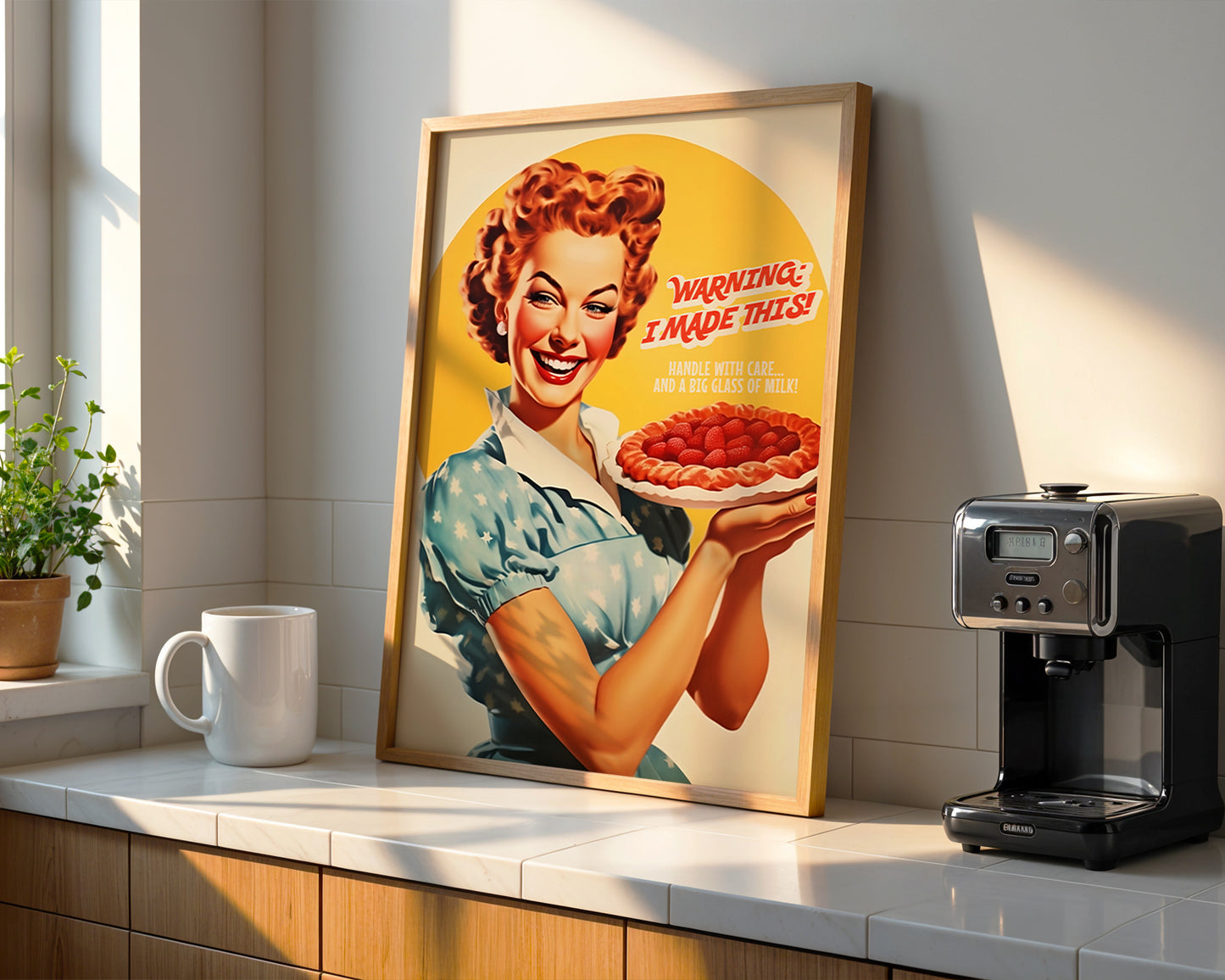 Funny Kitchen Poster Retro Baker Print Happy Housewife with Pie 50s 60s style Cafe Decor Cake Art Hostess Gift Retro Baking Poster Kitchen Nook Decor
