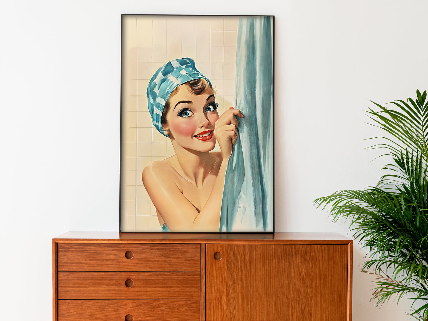 Funny Shower Room Wall Print Blue Toilet Poster Funny Bathroom Poster Bathroom Wall Art 50s 60s Bath Time Print Retro Housewife in a shower cap taking a shower and hiding behind a curtain