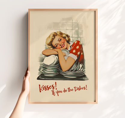 Retro housewife leaning on stacked dishes with the quote “Kisses If You Do the Dishes,” nostalgic funny kitchen wall art print for kitchen nook decor, funny roommate gift idea.
