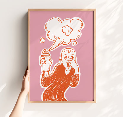 Parody of The Scream artwork showing a figure holding toilet spray with pink background, humorous loo art poster or funny toilet poster, funny bathroom art.