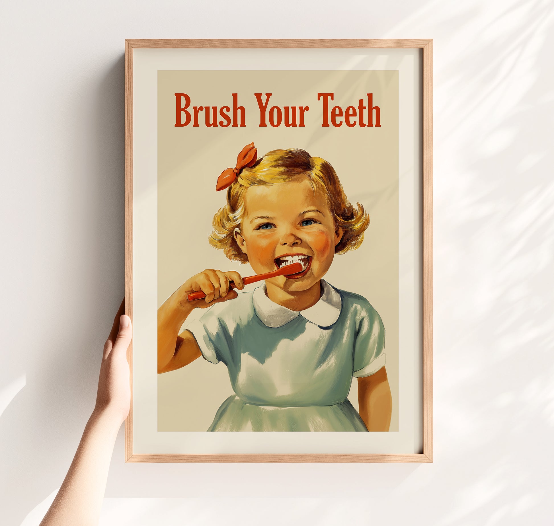 Midcentury style poster of a smiling little girl brushing her teeth, retro kids bathroom wall art for dental hygiene and classroom decor.