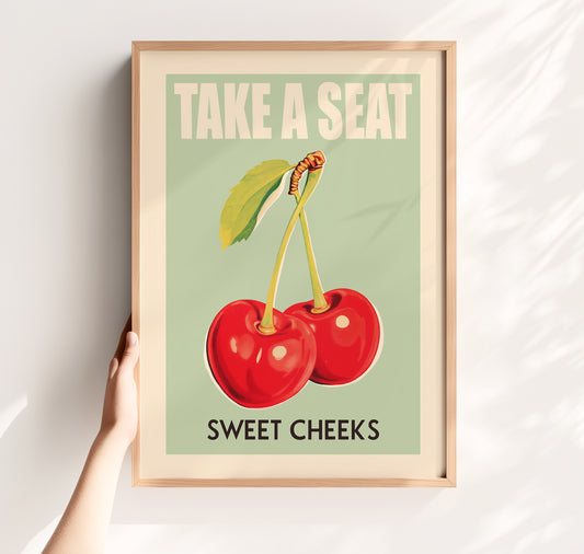 Funny Bathroom Art Take a Seat Sweet Cheeks Cherry Poster Retro Fruit Wall Decor for Kitchen Toilet Art Print Guest Bathroom Poster Restroom Wall Art Retro Above toilet poster Fun Houseworming Gift Guest Bathroom Art