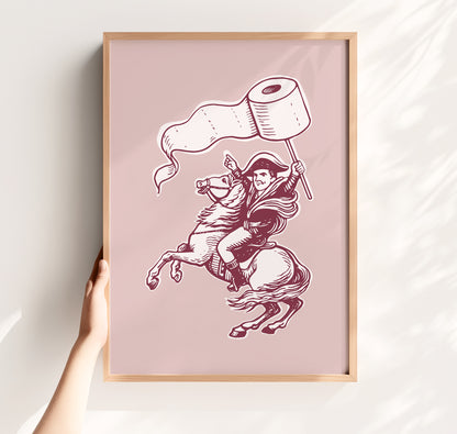 Minimalist pink line art poster of a knight riding a horse while holding toilet paper, funny bathroom wall art for guest bathroom and powder room decor.