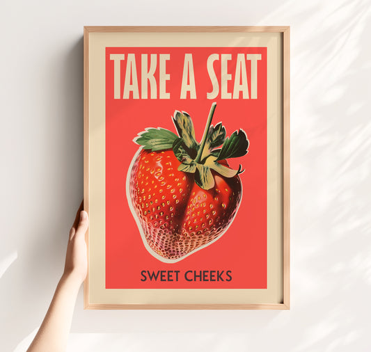 Unframed poster with a strawberry illustration and text on a red background take a seat sweet cheeks poster trendy toilet wall art bathroom poster funny downstairs toilet art funky colorful guest bathroom art