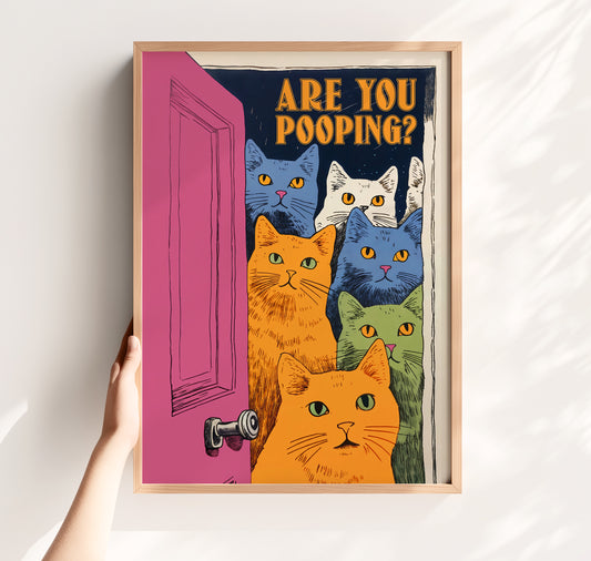 Are you pooping funny cat bathroom poster, colorful funny bathroom wall art, cat bathroom decor, toilet humor decor, bathroom humor wall art, guest bathroom wall decor, quirky powder room wall art, funny toilet poster for cat lovers, unique bathroom wall art, Airbnb bathroom decor