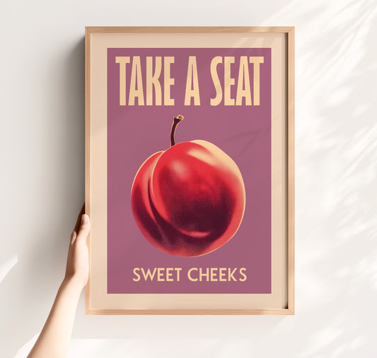 Retro plum funny bathroom poster with quote ‘Take a Seat, Sweet Cheeks’, purple funny bathroom wall art for guest toilet