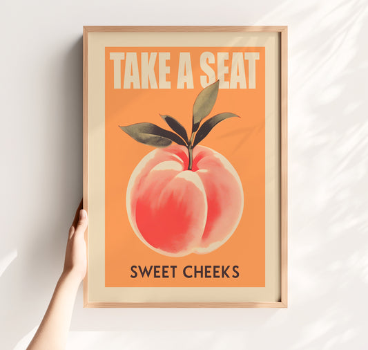 Take a Seat Sweet Cheeks Poster Funny Toilet Poster Retro Bathroom Wall Art Peach Art Print Funny Toilet Art Nice Bum Art Guest Bathroom Decor Butt Wall Art