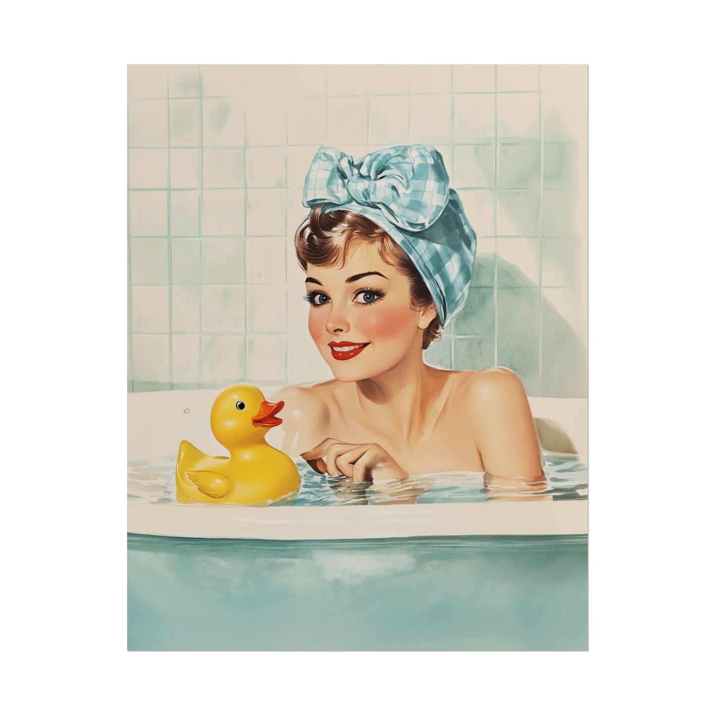 Retro Housewife in a tub with a yellow rubber duck Funny Bathroom Wall Art Bath Time Poster Yellow Rubber Duck Art Fun Housewife Art 50s 60s Shower Room Poster Wall Decor Blue Toilet Art from AnnoyingSeagull