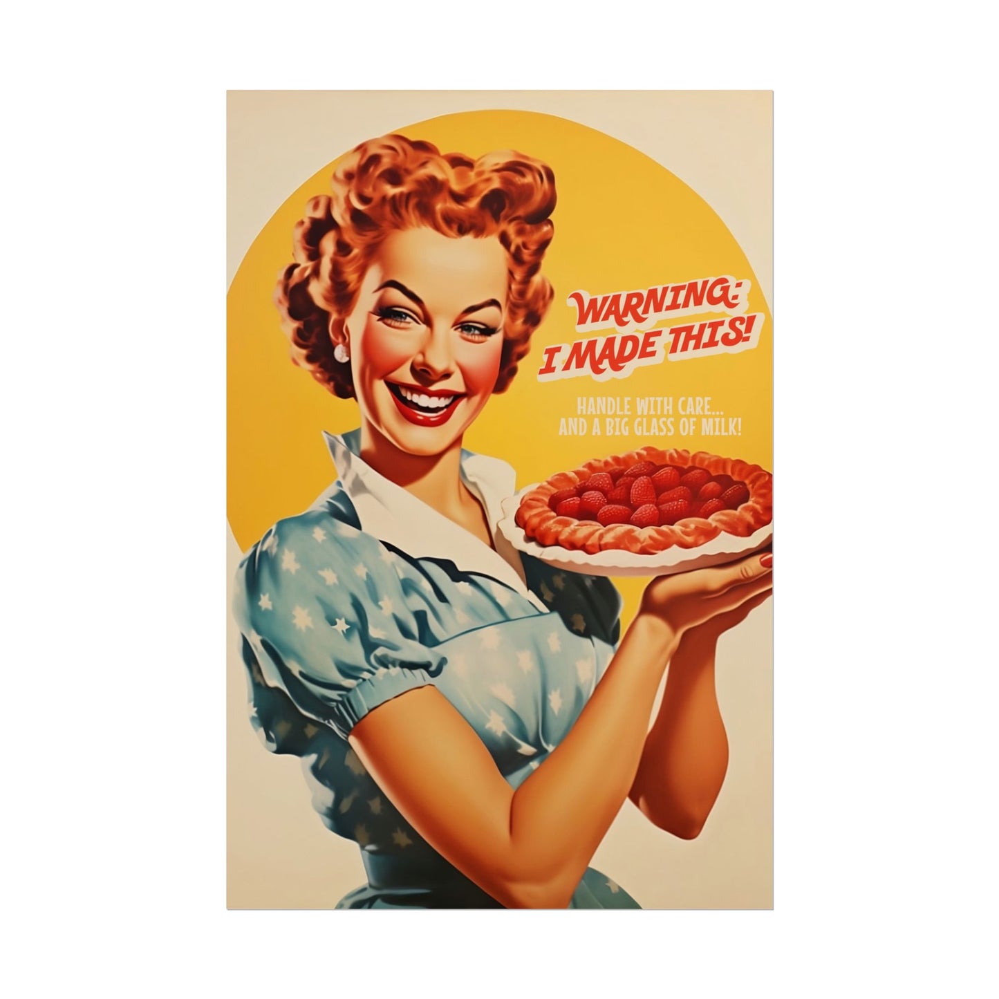 Funny Kitchen Poster Retro Baker Print Happy Housewife with Pie 50s 60s Cafe Decor Cake Art Hostess Gift