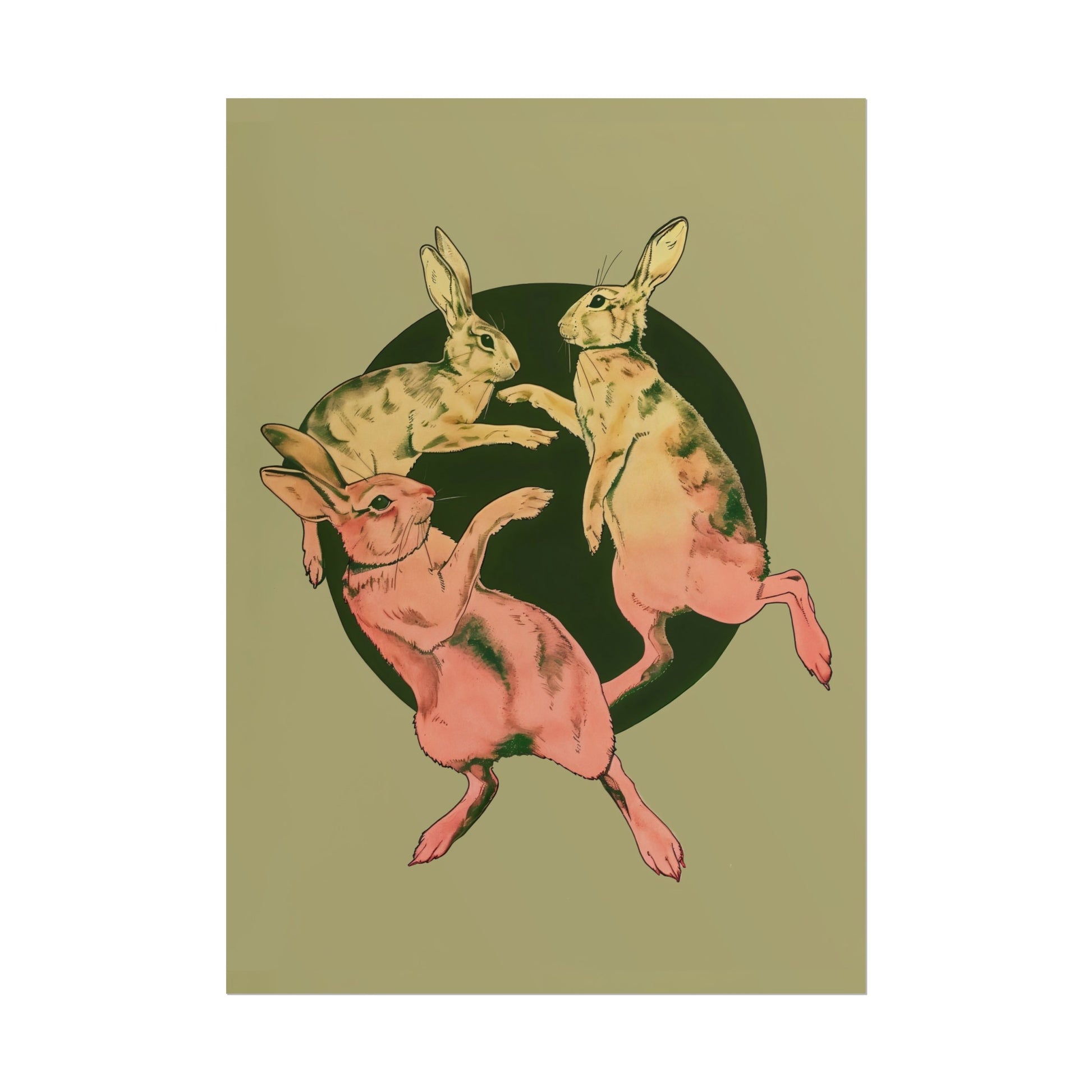 Retro Rabbits Poster Dancing Art Print Vintage Bunny Art Print Green Animal Art Funny Animal Poster Vintage Nursery Wall Art