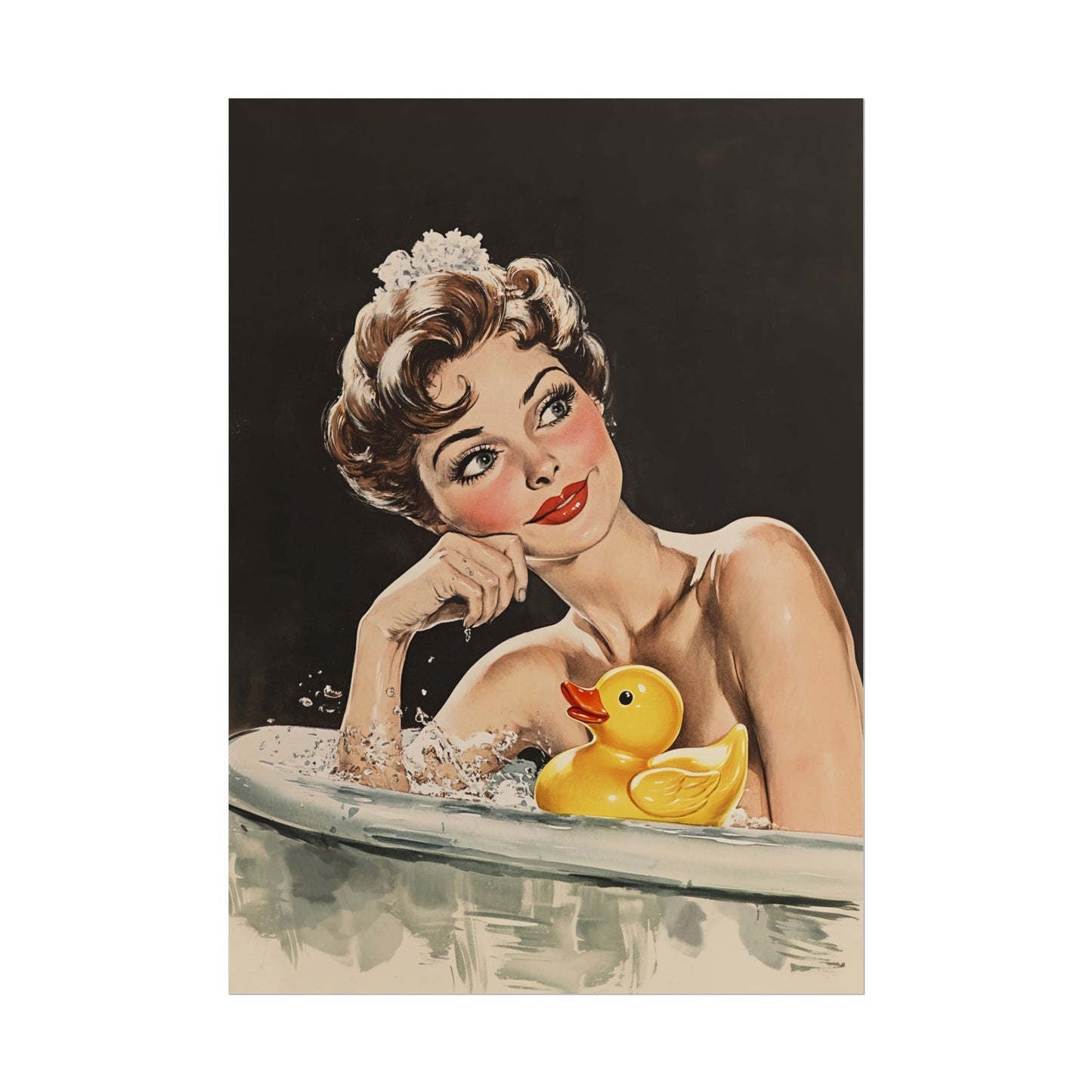 Retro Bathroom Wall Art Funny Housewife in Bathtub Art Print Yellow Rubber Duck Print Fun Poster 50s 60s Shower Room Wall Print Black Toilet Art Guest Bathroom Vintage Art