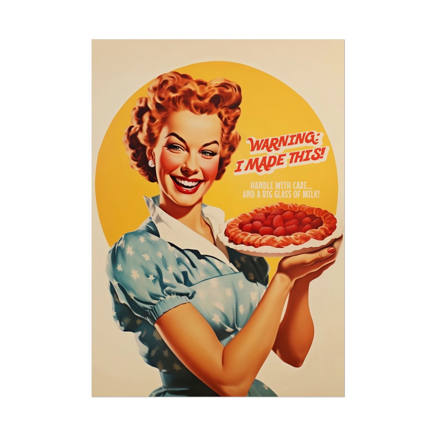 Funny Kitchen Poster Retro Baker Print Happy Housewife with Pie 50s 60s Cafe Decor Cake Art Hostess Gift