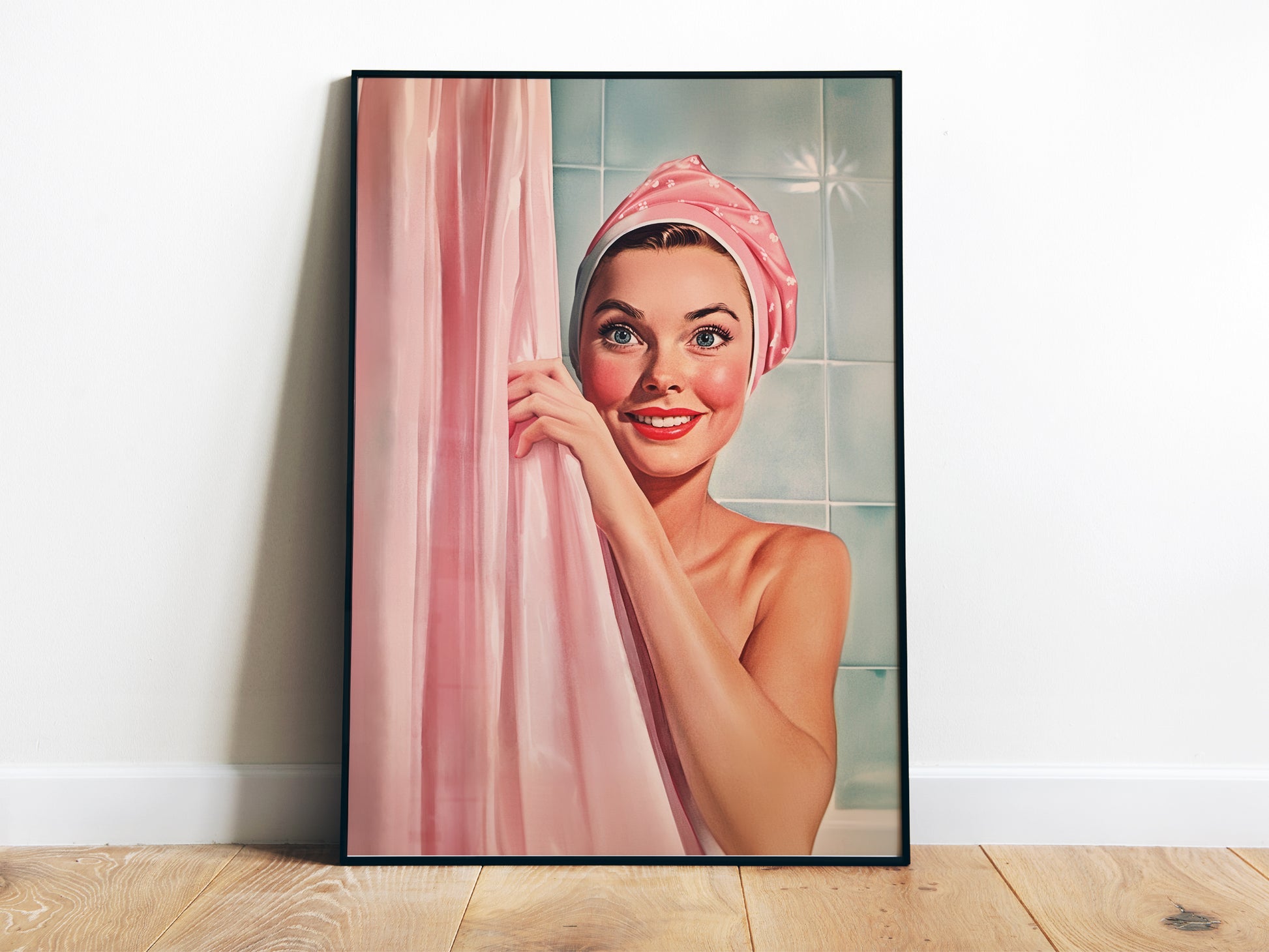 Retro Bathroom Wall Art Shower Room Wall Print Retro Housewife Art  Pink and blue Toilet Art Print Fun Bathroom Decor Happy Housewife Hiding Behind a shower curtain Bath Time Poster 