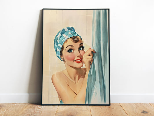 Funny Shower Room Wall Print Blue Toilet Poster Funny Bathroom Poster Bathroom Wall Art 50s 60s Bath Time Print Retro Housewife in a shower cap taking a shower and hiding behind a curtain