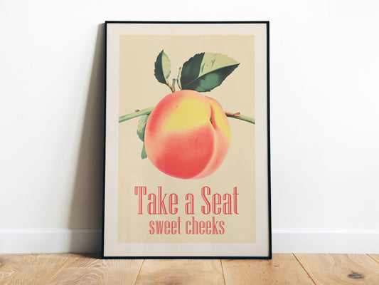 Take a Seat Sweet Cheeks Poster Funny Toilet Wall Art Poster Retro Bathroom Wall Art Peach Art Print Funny Above Toilet Decor Nice Bum Art Neutral Colours Vintage vibe Poster from AnnoyinggSeagull 