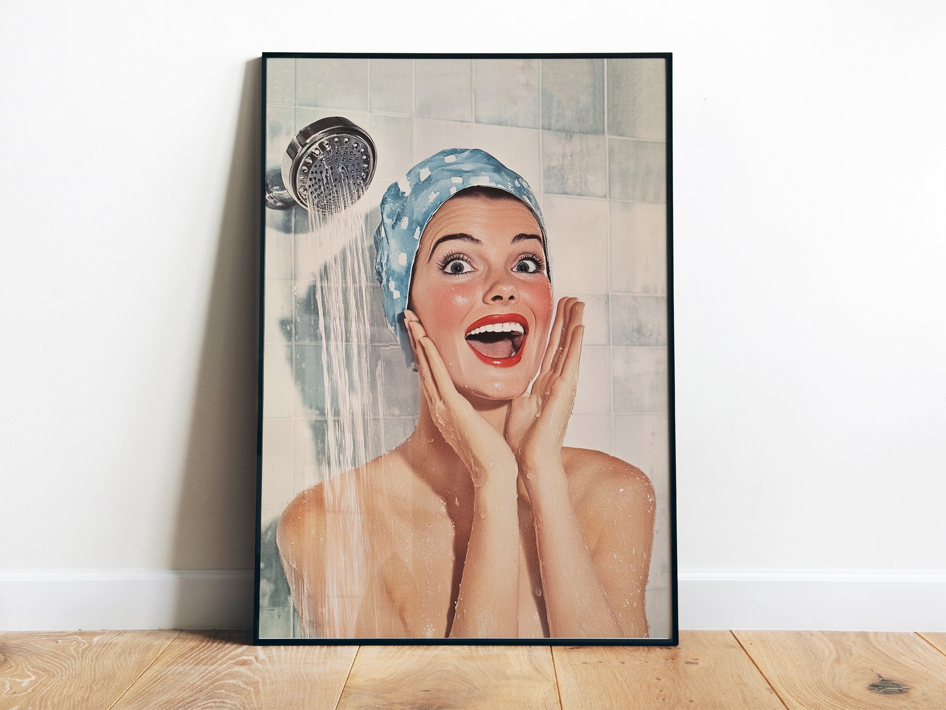 Shower Karaoke Poster Vintage Bathroom Wall Art Funny Print Retro Singing in the Shower Room Wall Decor Retro Housewife Large Posters for Guest Bathroom Decor