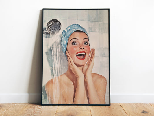 Shower Karaoke Poster Vintage Bathroom Wall Art Funny Print Retro Singing in the Shower Room Wall Decor Retro Housewife Large Posters for Guest Bathroom Decor