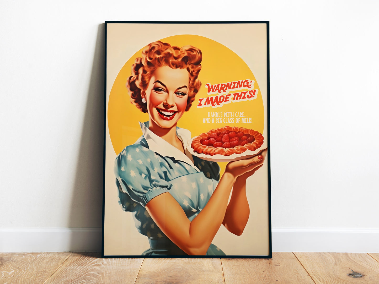Funny Kitchen Poster Retro Baker Print Happy Housewife with Pie 50s 60s style Cafe Decor Cake Art Hostess Gift Retro Baking Poster Kitchen Nook Decor 