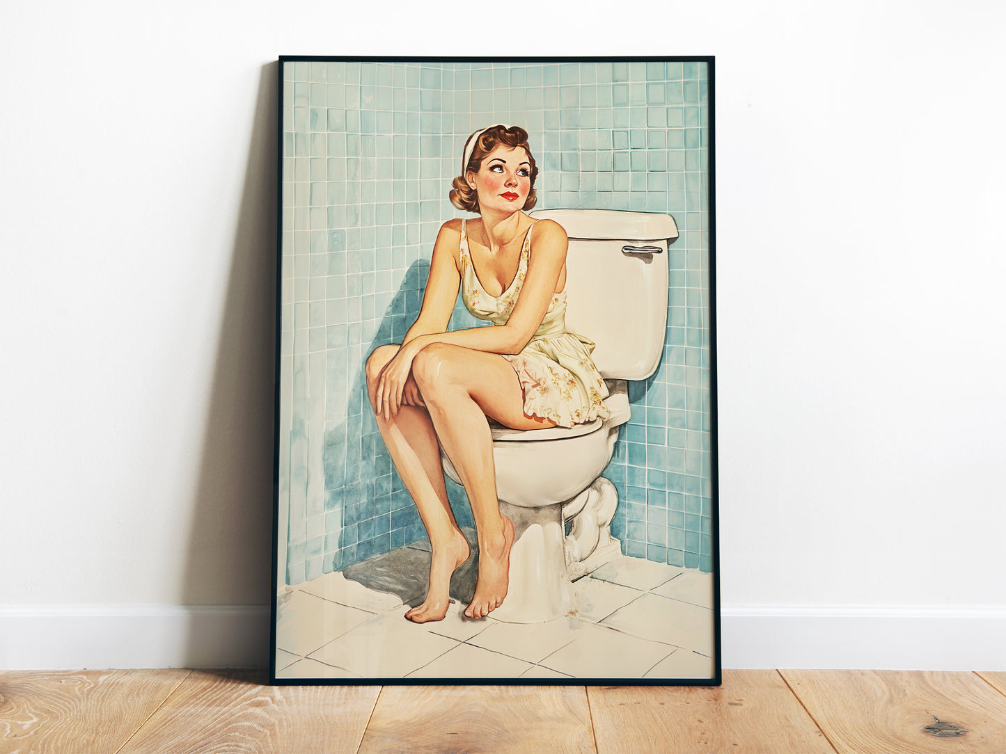Funny Bathroom Wall Art Blue Toilet Poster Funny Retro Housewife Art Above Toilet Wall Decor Fun Sitting on a Toilet Poster Retro Home Wall Decor 
