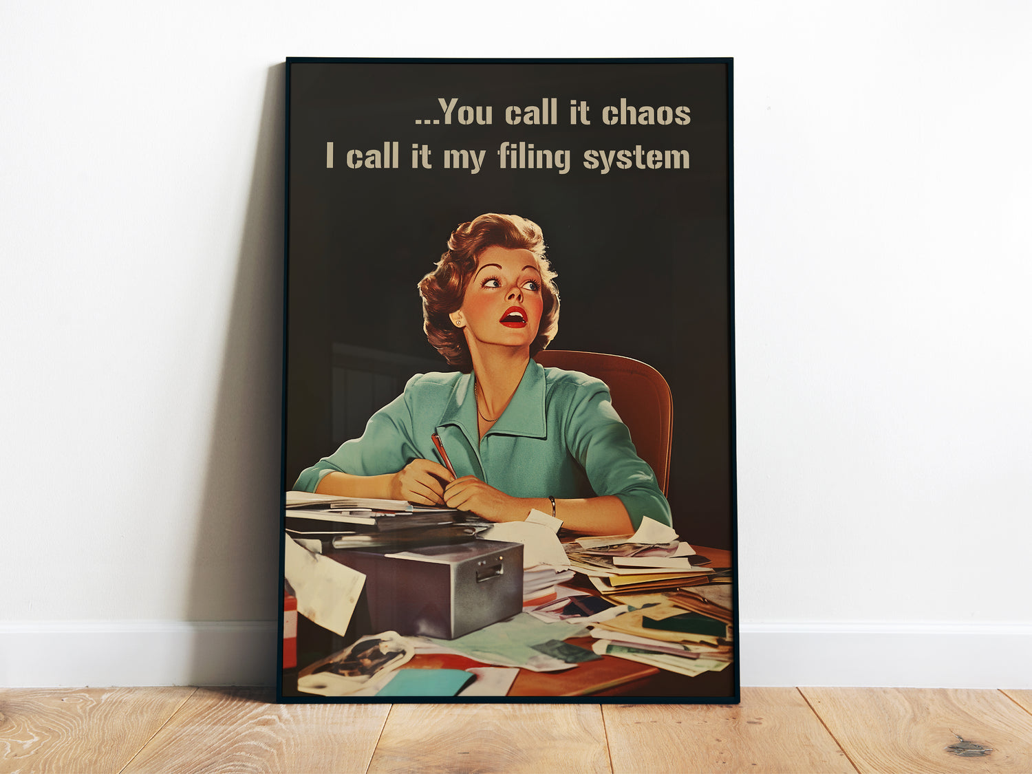 Retro Woman Poster Funny Office Wall Art Trendy Housewife Wall Art Sarcastic Quote Vertical Poster Funny Work Poster Work From Home Art "You call if chaos I call it my filing system"