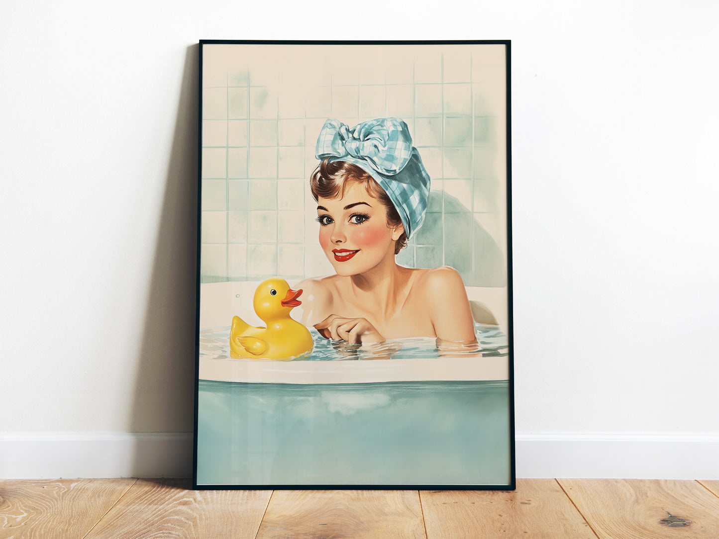 Retro Housewife in a tub with a yellow rubber duck Funny Bathroom Wall Art Bath Time Poster Yellow Rubber Duck Art Fun Housewife Art 50s 60s Shower Room Poster Wall Decor Blue Toilet Art from AnnoyingSeagull
