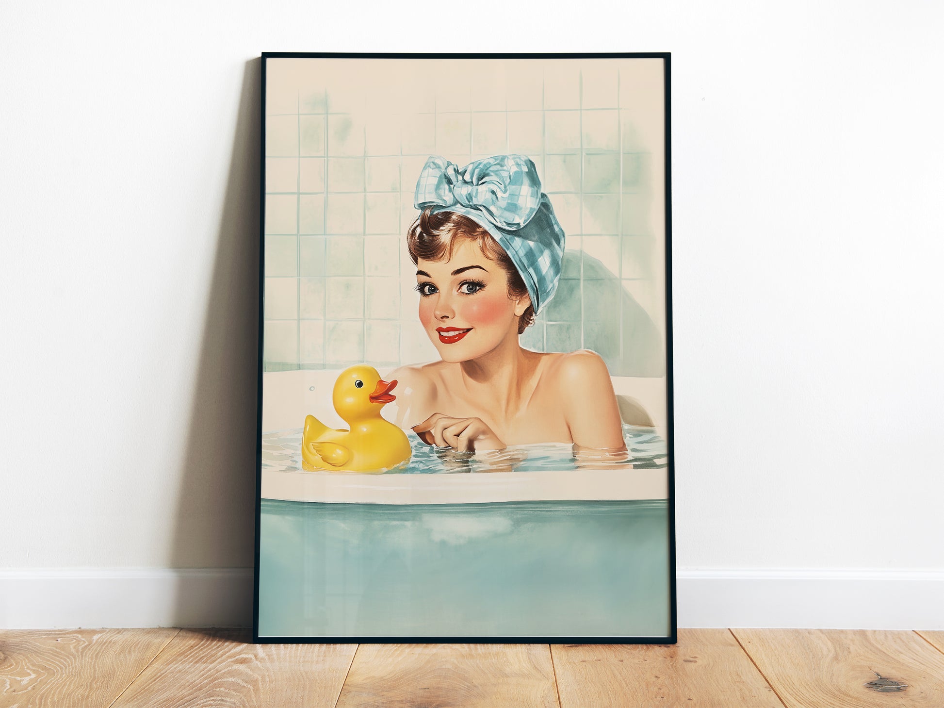 Retro Housewife in a tub with a yellow rubber duck Funny Bathroom Wall Art Bath Time Poster Yellow Rubber Duck Art Fun Housewife Art 50s 60s Shower Room Poster Wall Decor Blue Toilet Art from AnnoyingSeagull