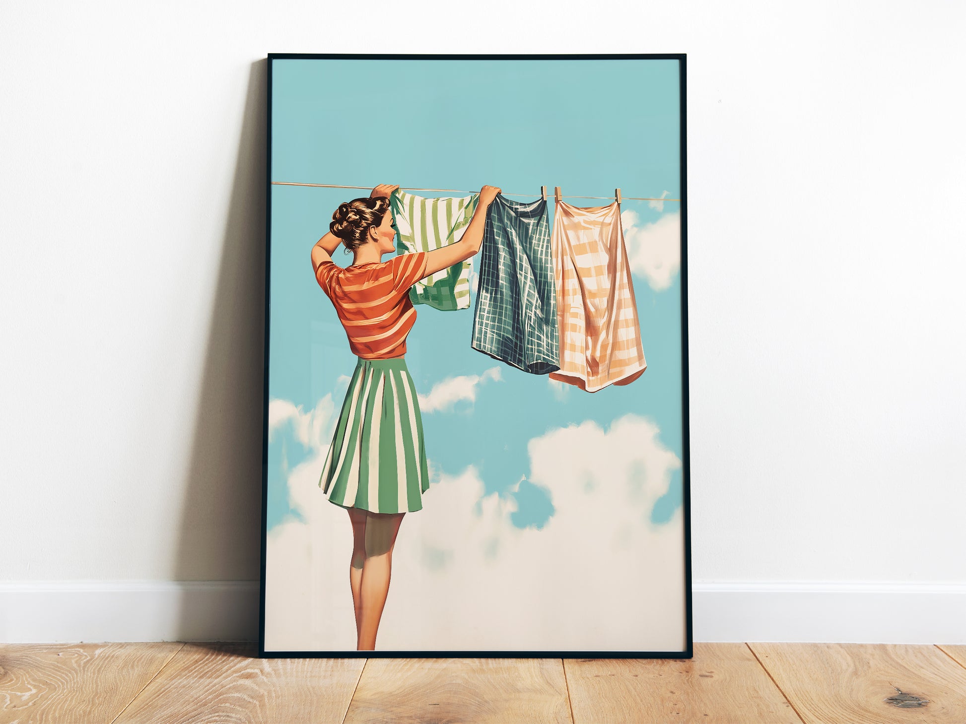 Retro Laundry Poster Blue Watercolour Large Poster for Laundry Wall Art Retro Housewife Art Print Laundry Day Poster Utility Room Decor Dressing Room Art Loads of Fun Closet Art Print Hanging Clothes