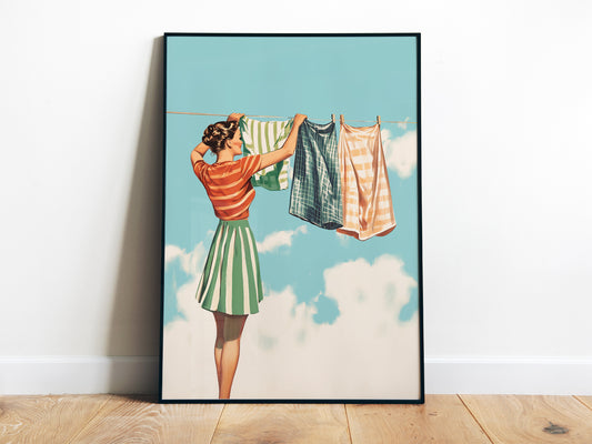 Retro Laundry Poster Blue Watercolour Large Poster for Laundry Wall Art Retro Housewife Art Print Laundry Day Poster Utility Room Decor Dressing Room Art Loads of Fun Closet Art Print Hanging Clothes