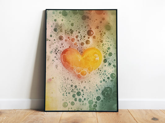 Yellow Heart in a tub Poster Retro Bathroom Wall Art Guest Bathroom Wall Decor Bubble Bath Print Get Naked Wall Art Love Art Print Heart Poster Vintage Shower room Poster Colorful Art for a new apartment 