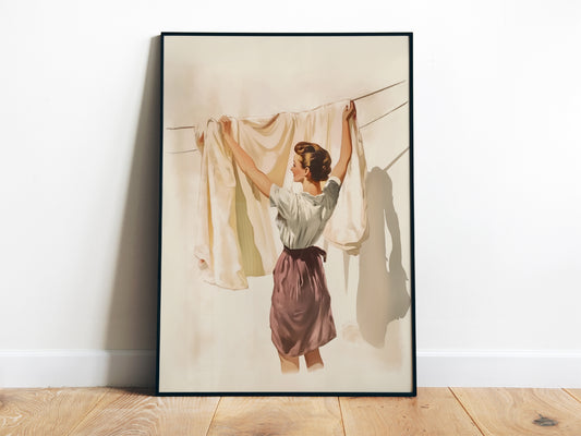 Retro Laundry Wall Art Decor Clothesline Hanging Laundry Painting Vintage Midcentury Style Poster Woman Hanging Clothes Art Wash Room Decor