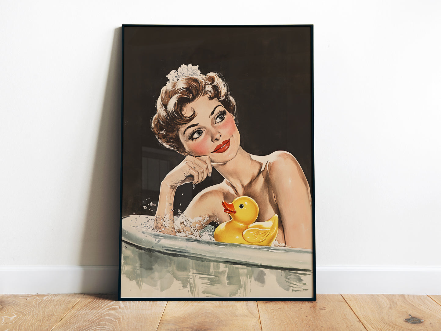 Retro Bathroom Wall Art Funny Housewife in Bathtub Art Print Yellow Rubber Duck Print Fun Poster 50s 60s Shower Room Wall Print Black Toilet Art Guest Bathroom Vintage Art