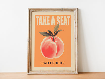Take a Seat Sweet Cheeks Poster Funny Toilet Poster Retro Bathroom Wall Art Peach Art Print Funny Toilet Art Nice Bum Art Guest Bathroom Decor Butt Wall Art