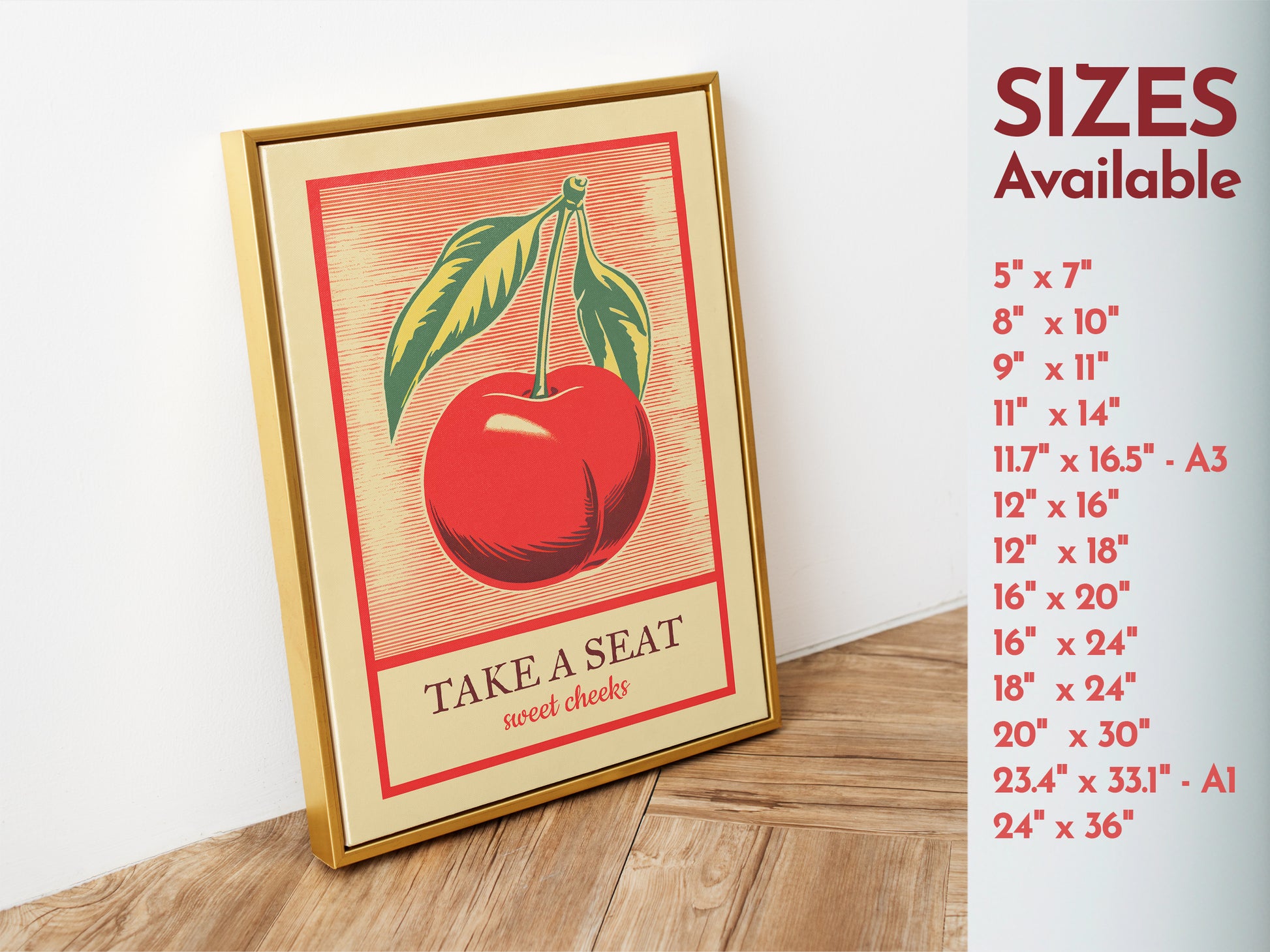 Take a Seat Sweet Cheeks Poster Funny Toilet Art Retro Bathroom Wall Art Cherry Wall Decor Fun Vintage Print Nice Bum Wall Art Vintage vibe Poster from AnnoyingSeagull
