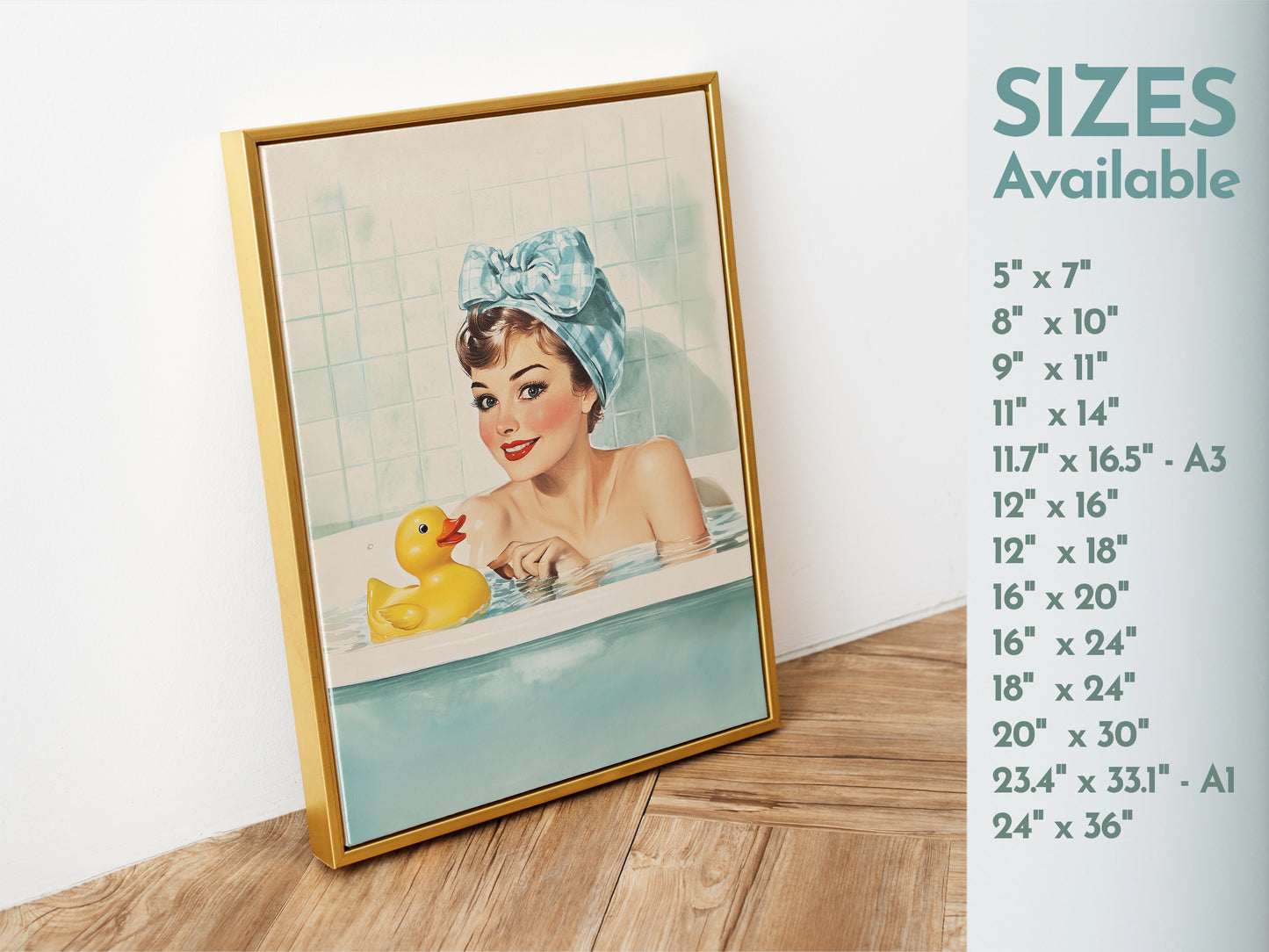 Retro Housewife in a tub with a yellow rubber duck Funny Bathroom Wall Art Bath Time Poster Yellow Rubber Duck Art Fun Housewife Art 50s 60s Shower Room Poster Wall Decor Blue Toilet Art from AnnoyingSeagull