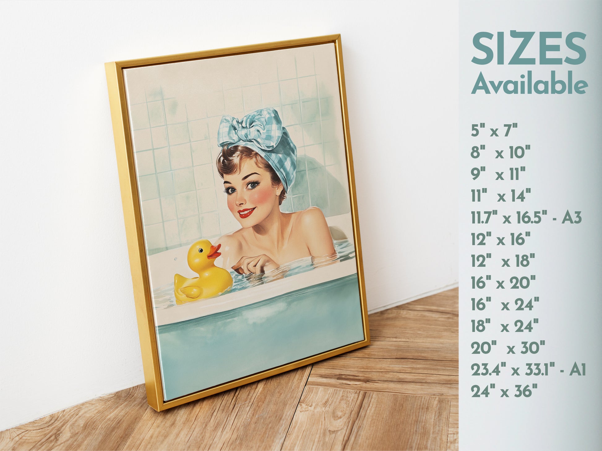 Retro Housewife in a tub with a yellow rubber duck Funny Bathroom Wall Art Bath Time Poster Yellow Rubber Duck Art Fun Housewife Art 50s 60s Shower Room Poster Wall Decor Blue Toilet Art from AnnoyingSeagull